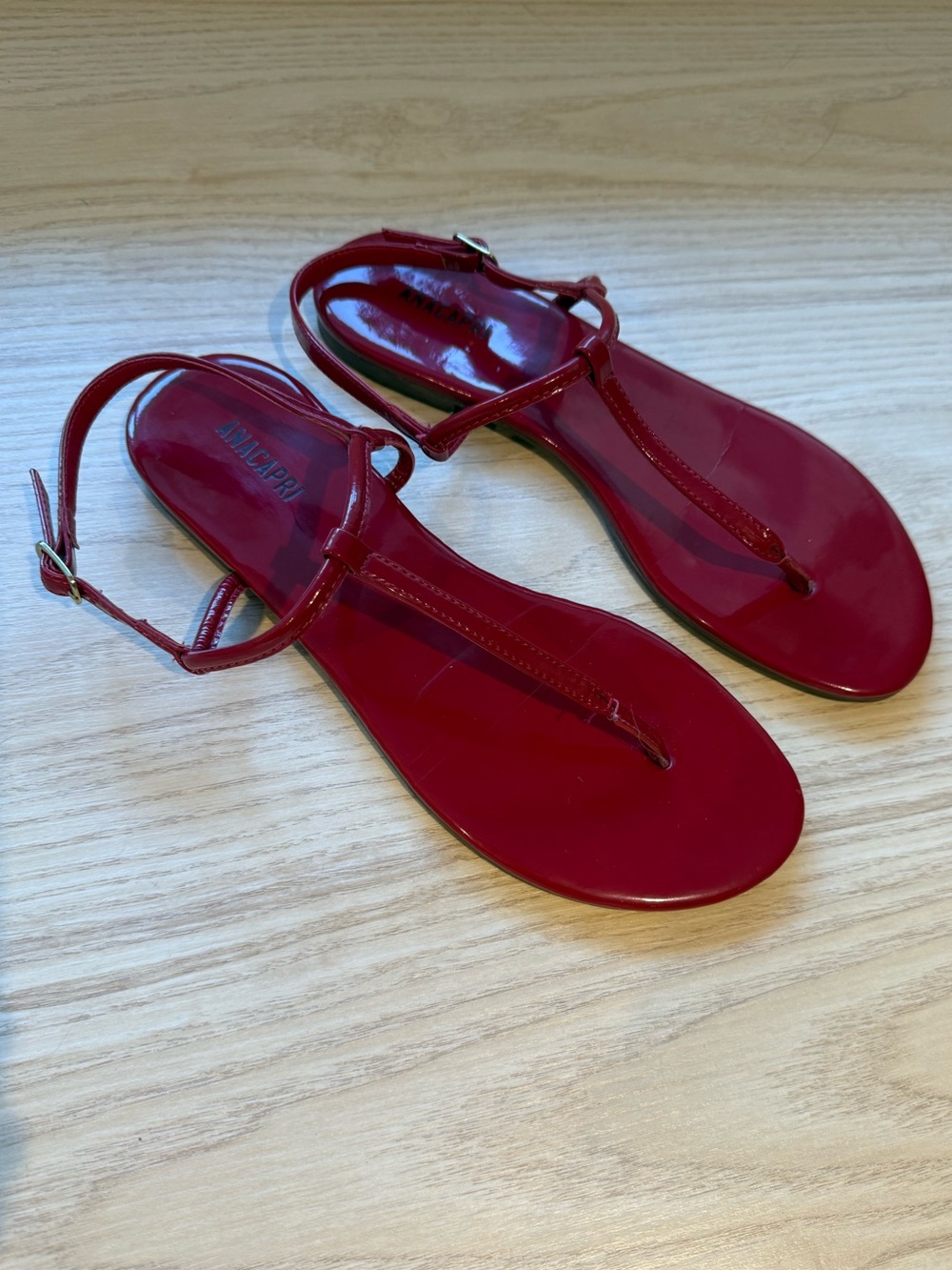 Patent Red T-Strap Sandals - Anacapri